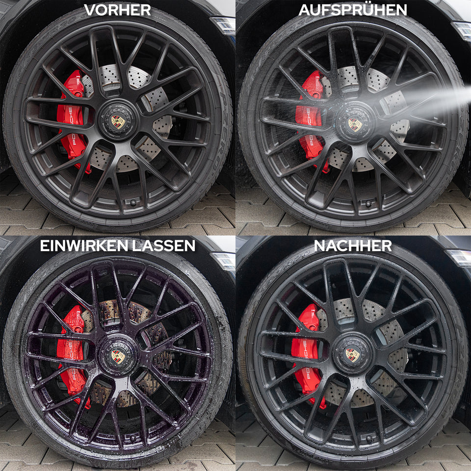 Schwarze Porsche-Felge in vier Schritten: vorher, aufsprühen, einwirken lassen, nachher