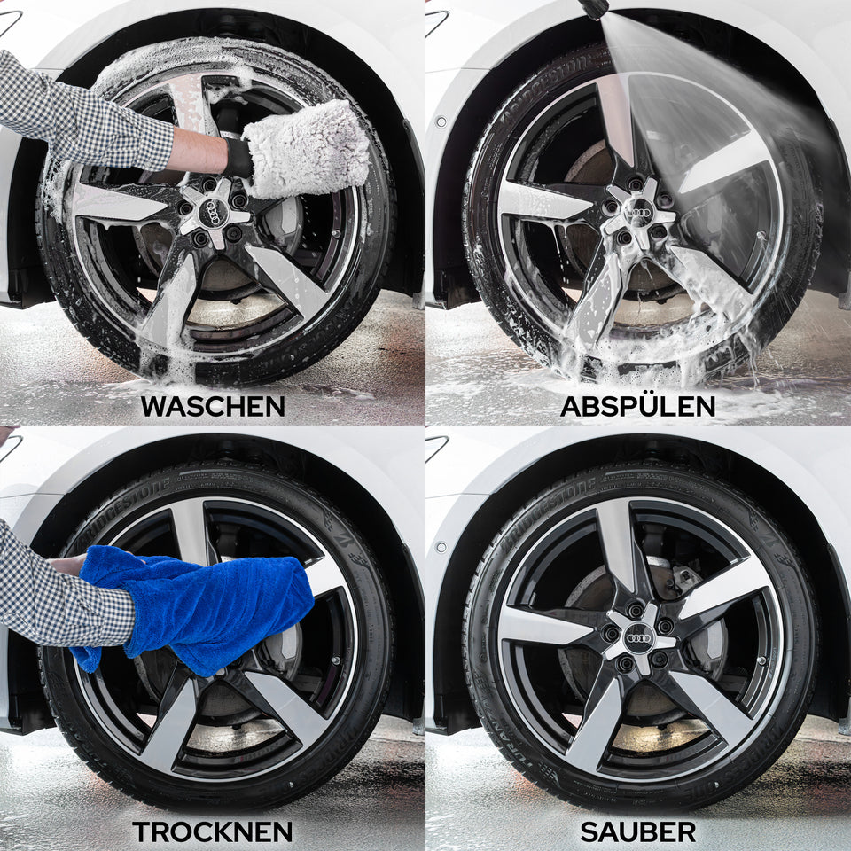 Nach dem Felgenreiniger: Felge waschen, abspülen, trocknen, sauber