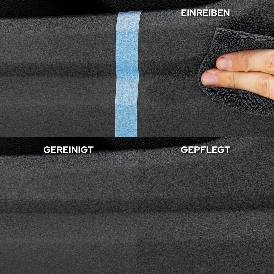 Kunststoff in zwei Hälften: gereinigt und gepflegt im direkten Vergleich, getrennt durch ein blaues Klebeband