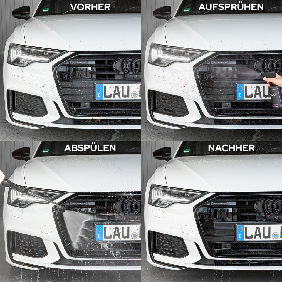 Insektenentfernung in vier Schritten an einem weißen Audi A6: vorher, aufsprühen, abspülen, nachher