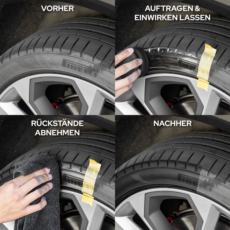 Reifenflanke in vier Feldern: vorher, auftragen und einwirken lassen, Rückstände abnehmen, nachher, mit Abklebeband als Trennkante
