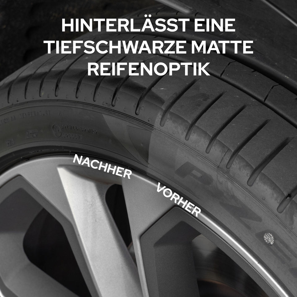 Reifenflanke am Rad mit den Markierungen nachher und vorher, die gepflegte Seite wirkt dunkler und matt