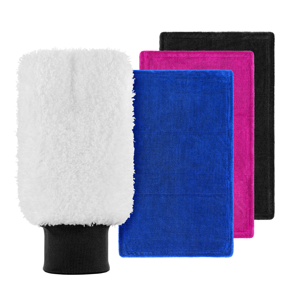 KULT Waschhandschuh und KULT Trockentücher in Schwarz, Pink und Blau