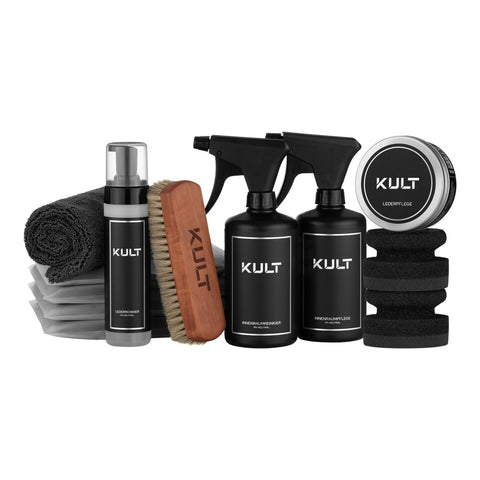 Innenraum All Inclusive Set: Pflegeset mit Schaumflasche, Bürste, Sprühflaschen und Lederpflege