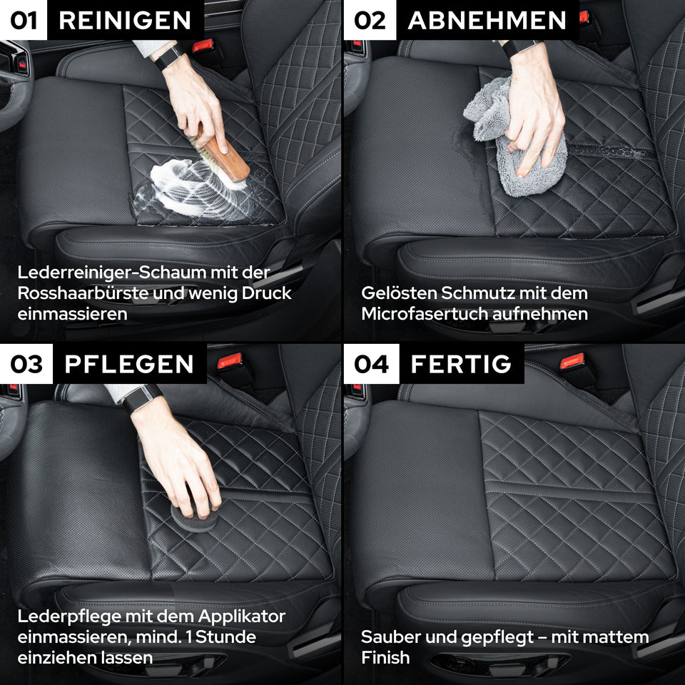 Leder in vier Schritten: reinigen mit Lederreiniger-Schaum und Rosshaarbürste, Schmutz mit dem Mikrofasertuch aufnehmen, mit dem Applikator pflegen, sauber und gepflegt mit mattem Finish