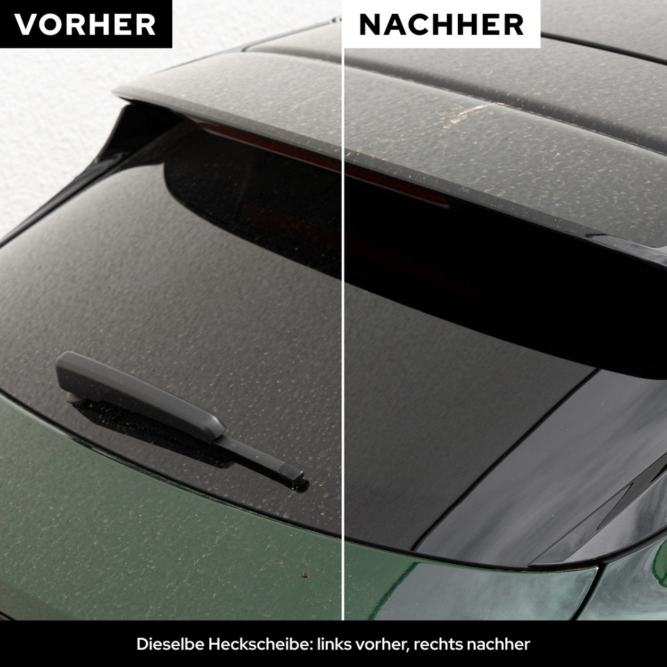 Dieselbe Heckscheibe vorher und nachher: links verschmutzt, rechts gereinigt