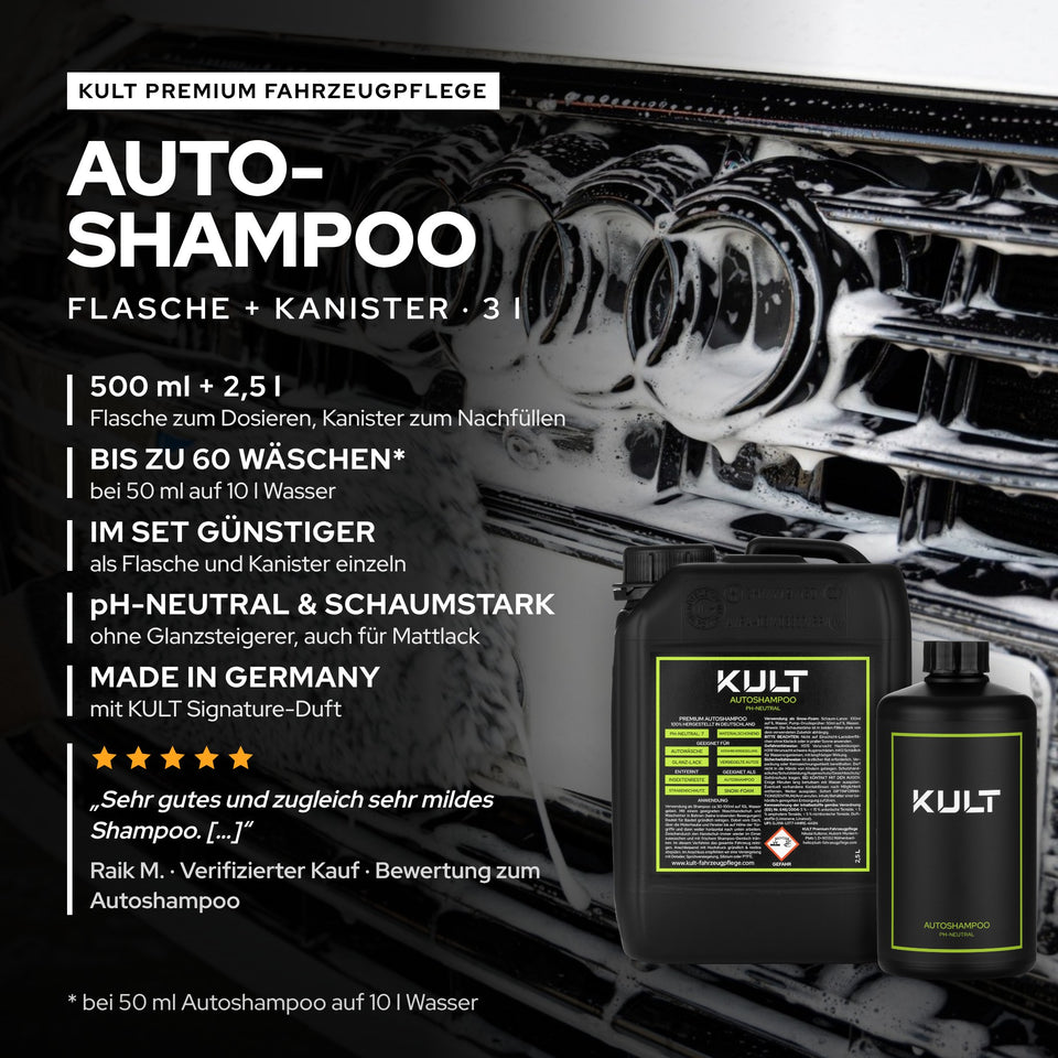 KULT Autoshampoo pH-neutral als Set: 500-ml-Flasche und 2,5-l-Kanister vor einer schaumbedeckten Fahrzeugfront, zusammen 3 Liter