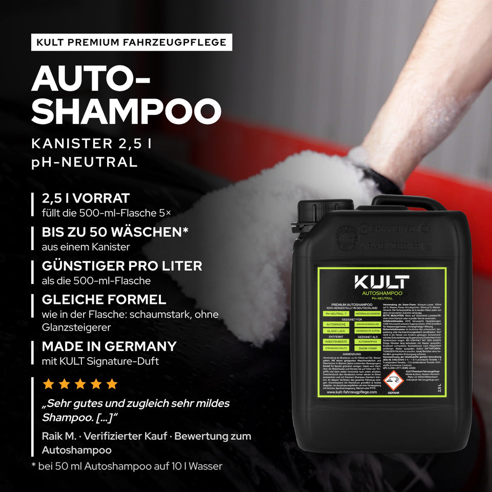 Grafik: 2,5-Liter-Kanister KULT Autoshampoo mit den wichtigsten Eigenschaften, daneben ein Waschhandschuh voll Schaum