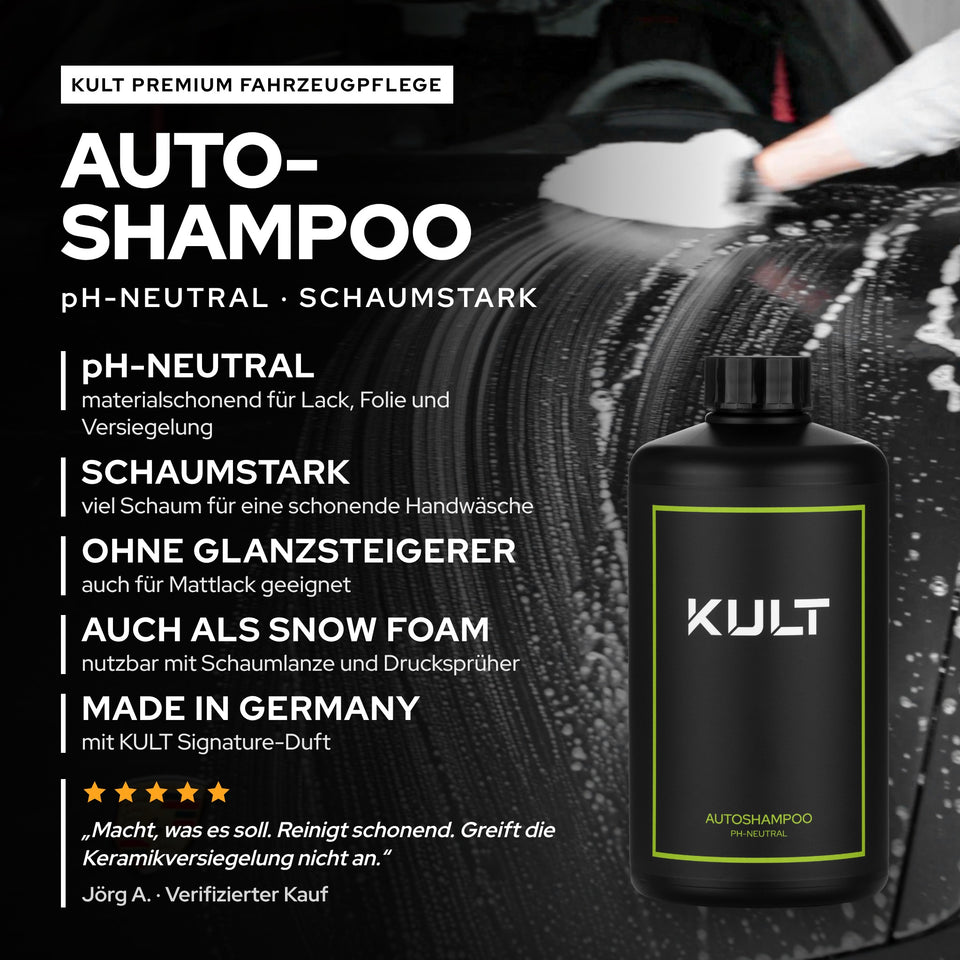 Grafik zum KULT Autoshampoo mit der 500-ml-Flasche vor schaumbedecktem Lack und den Eigenschaften pH-neutral, schaumstark, ohne Glanzsteigerer und auch als Snow Foam nutzbar