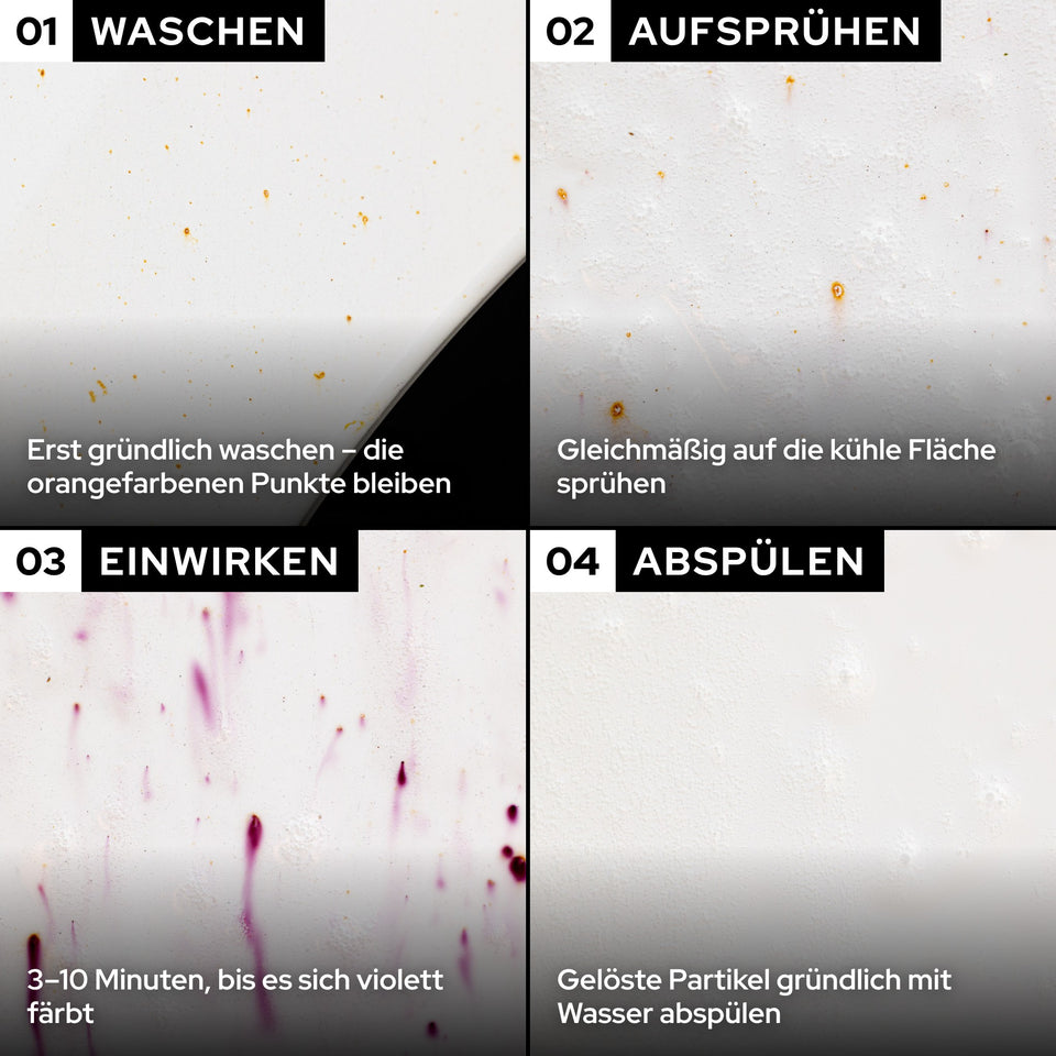 Anwendung in vier Schritten auf hellem Lack: gründlich waschen, gleichmäßig auf die kühle Fläche sprühen, 3 bis 10 Minuten einwirken bis es sich violett färbt, gelöste Partikel mit Wasser abspülen