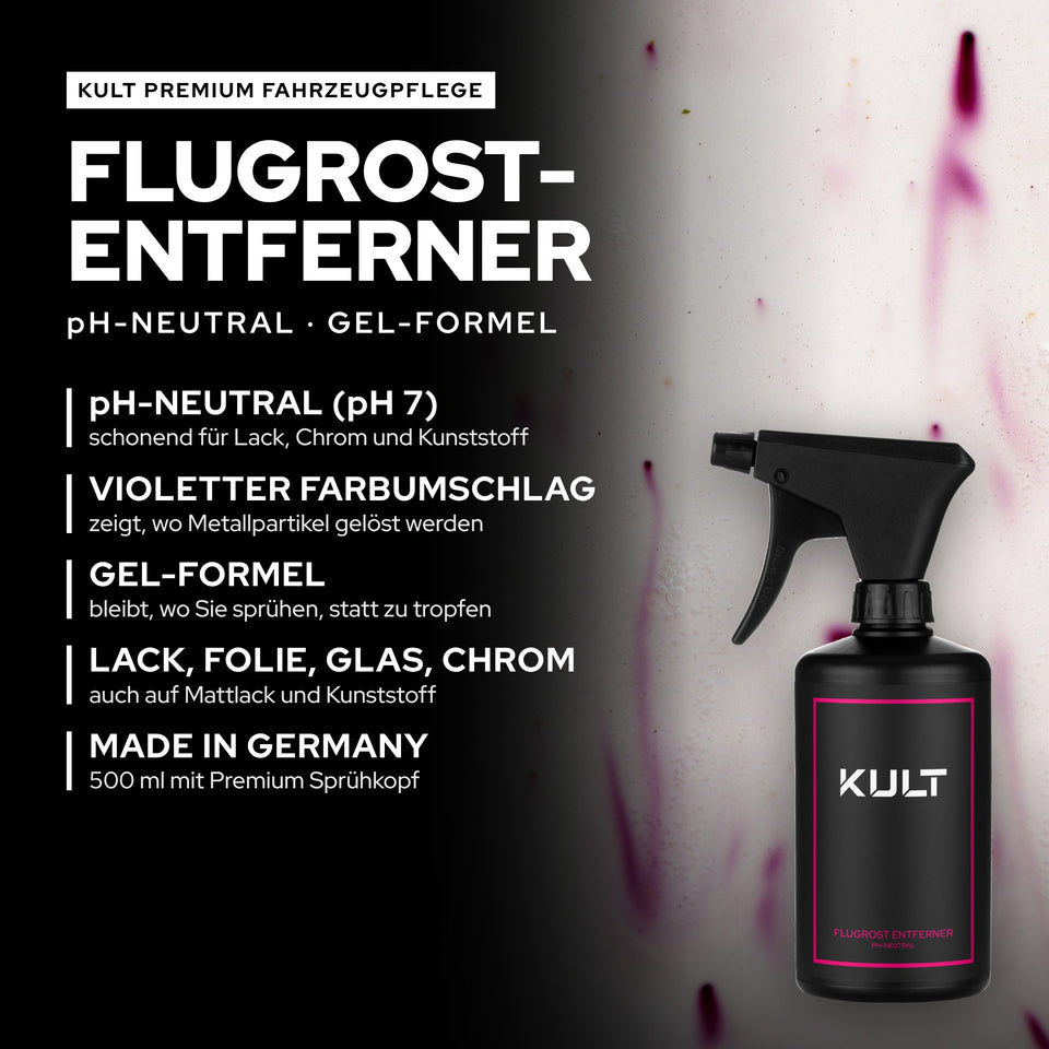 Grafik: KULT Flugrost Entferner 500 ml, pH-neutral (pH 7), violetter Farbumschlag, Gel-Formel, für Lack, Folie, Glas und Chrom, Made in Germany