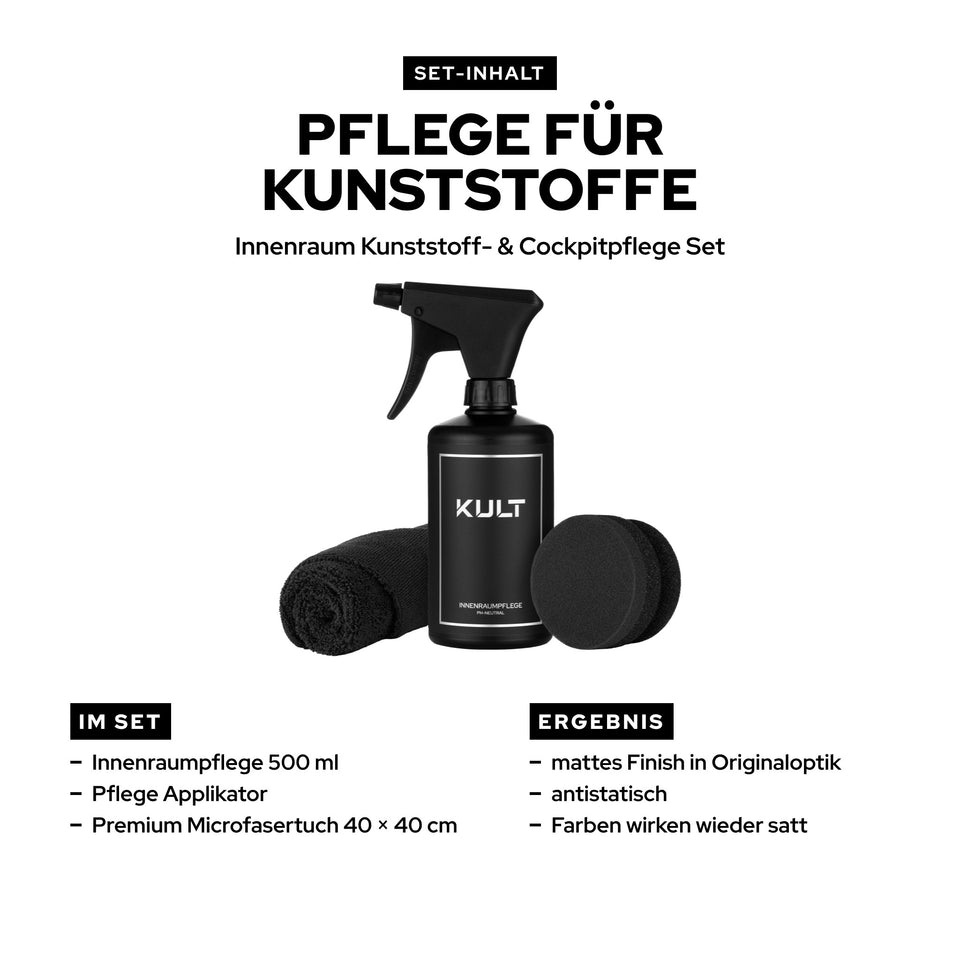 KULT Innenraum Kunststoff- und Cockpitpflege Set mit Innenraumpflege 500 ml, Pflege Applikator und Microfasertuch