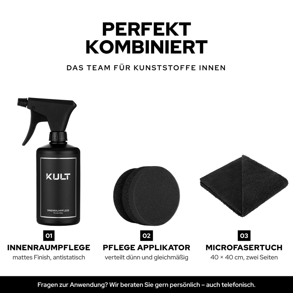 Innenraumpflege, Pflege Applikator und Premium Microfasertuch als Team für Kunststoffe im Innenraum