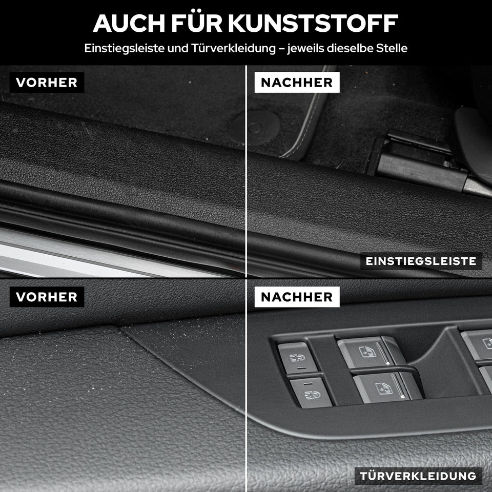 Kunststoff-Einstiegsleiste und Türverkleidung, jeweils dieselbe Stelle vorher und nachher