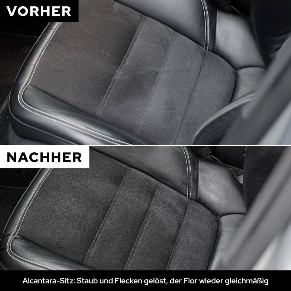 Alcantara-Sitz vorher und nachher: Staub und Flecken gelöst, der Flor wieder gleichmäßig
