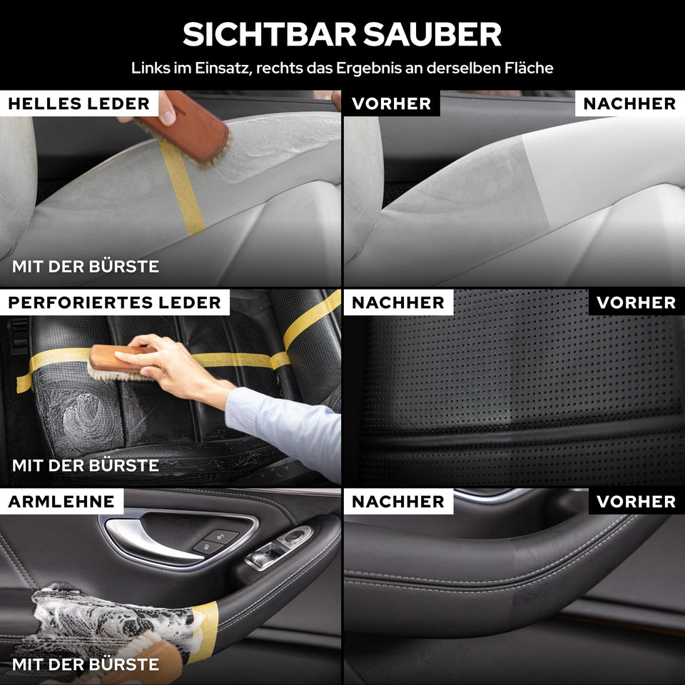 Vorher-Nachher mit KULT Rosshaarbürste und Lederreiniger an hellem, schwarzem und perforiertem Leder, jeweils dieselbe Stelle