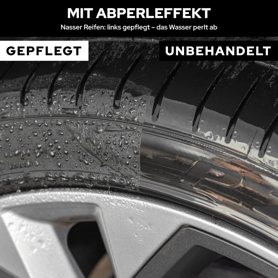 Nasser Reifen: links mit KULT Kunststoff & Reifen Pflege, Wasser perlt in Tropfen ab, rechts unbehandelt
