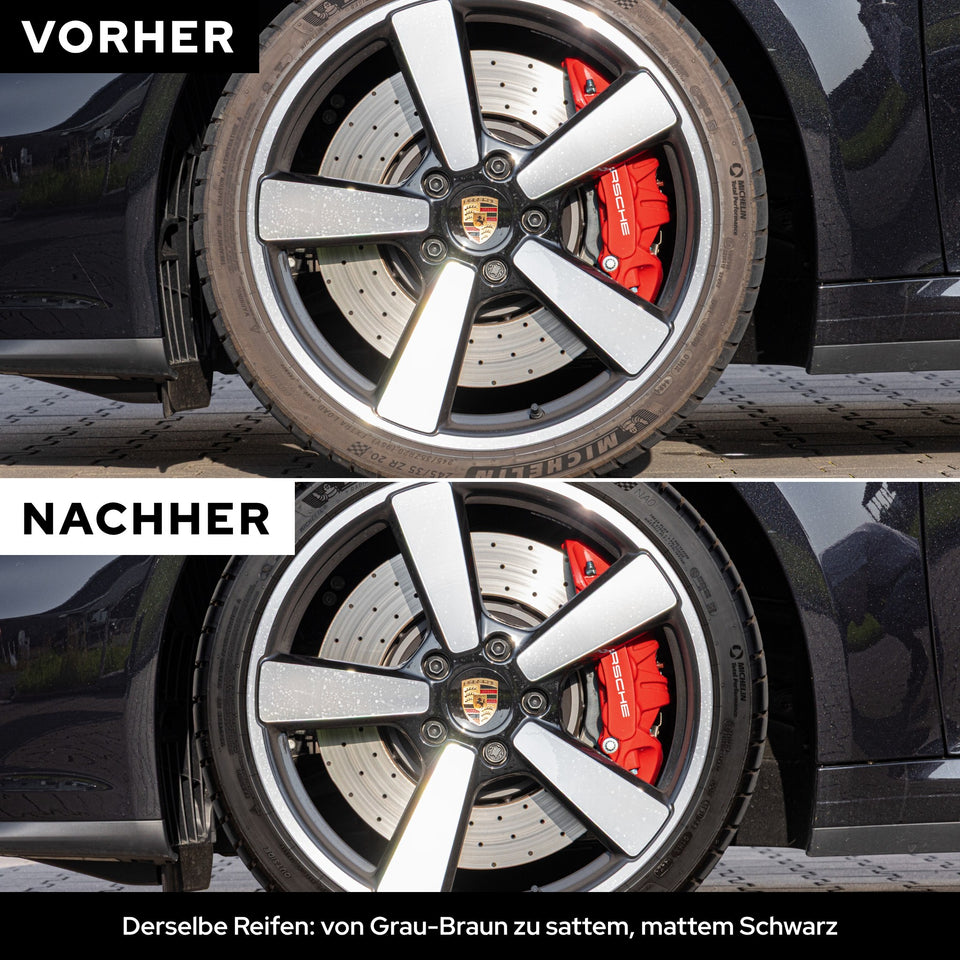Vorher-Nachher am selben Reifen: oben grau-braune Flanke, unten sattes mattes Schwarz nach KULT Kunststoff & Reifen Pflege