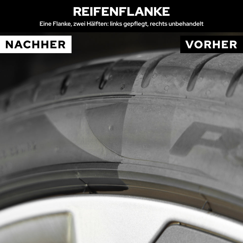 Reifenflanke mit Trennkante: links satt schwarz mit KULT Kunststoff & Reifen Pflege, rechts grau unbehandelt