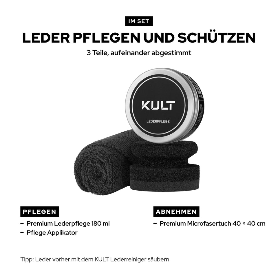 KULT Lederpflege Set mit Premium Lederpflege 180 ml, Pflege Applikator und Microfasertuch