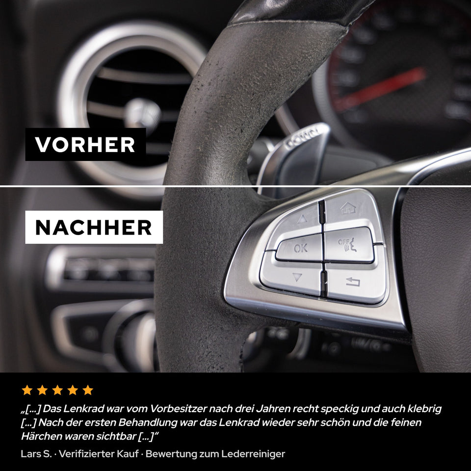 Alcantara-Lenkrad: oben vorher, unten nachher mit dem Lederreiniger