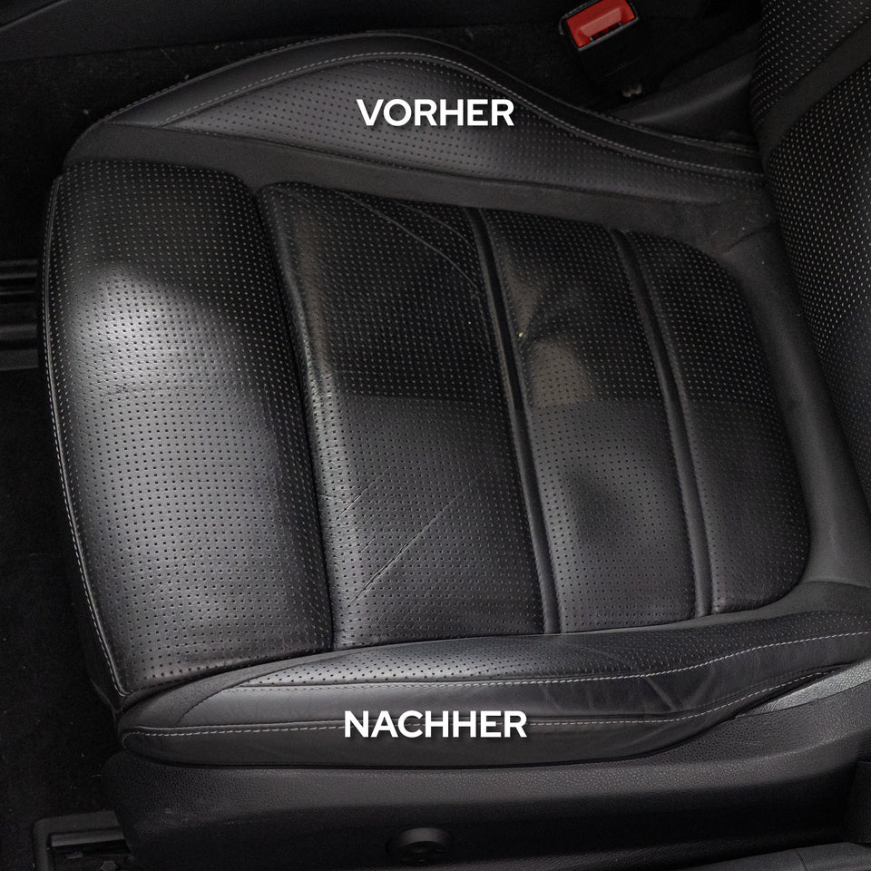 Perforierte Ledersitzfläche, diagonal geteilt: vorher und nachher