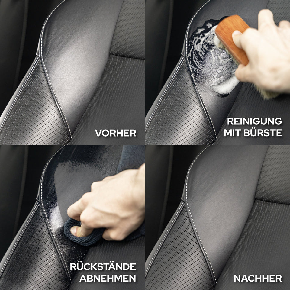 Sitzwange in vier Schritten: vorher, Reinigung mit der Bürste, Rückstände abnehmen, nachher