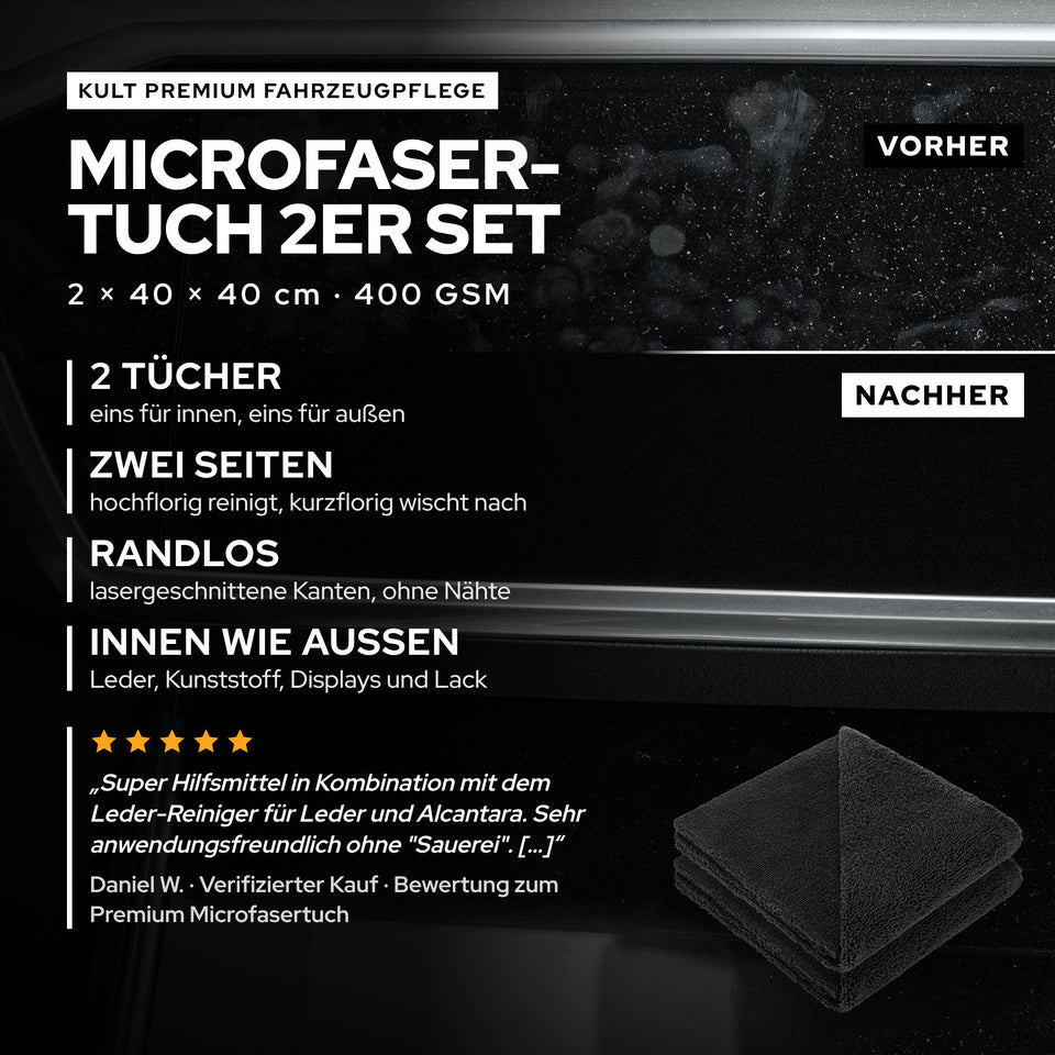 KULT Premium Mikrofasertuch 2er Set: zwei Tücher 40 × 40 cm mit 400 GSM für innen und außen