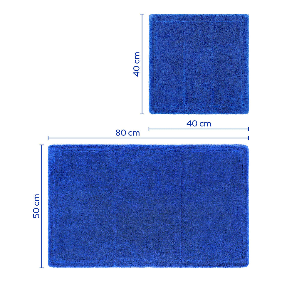 Größenvergleich: KULT Premium Auto Trockentuch 80 × 50 cm und Trockentuch S 40 × 40 cm in Blau