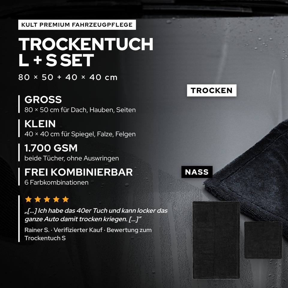 KULT Premium Auto Trockentuch L + S Set: großes Tuch 80 × 50 cm und kleines Tuch 40 × 40 cm mit 1.700 GSM