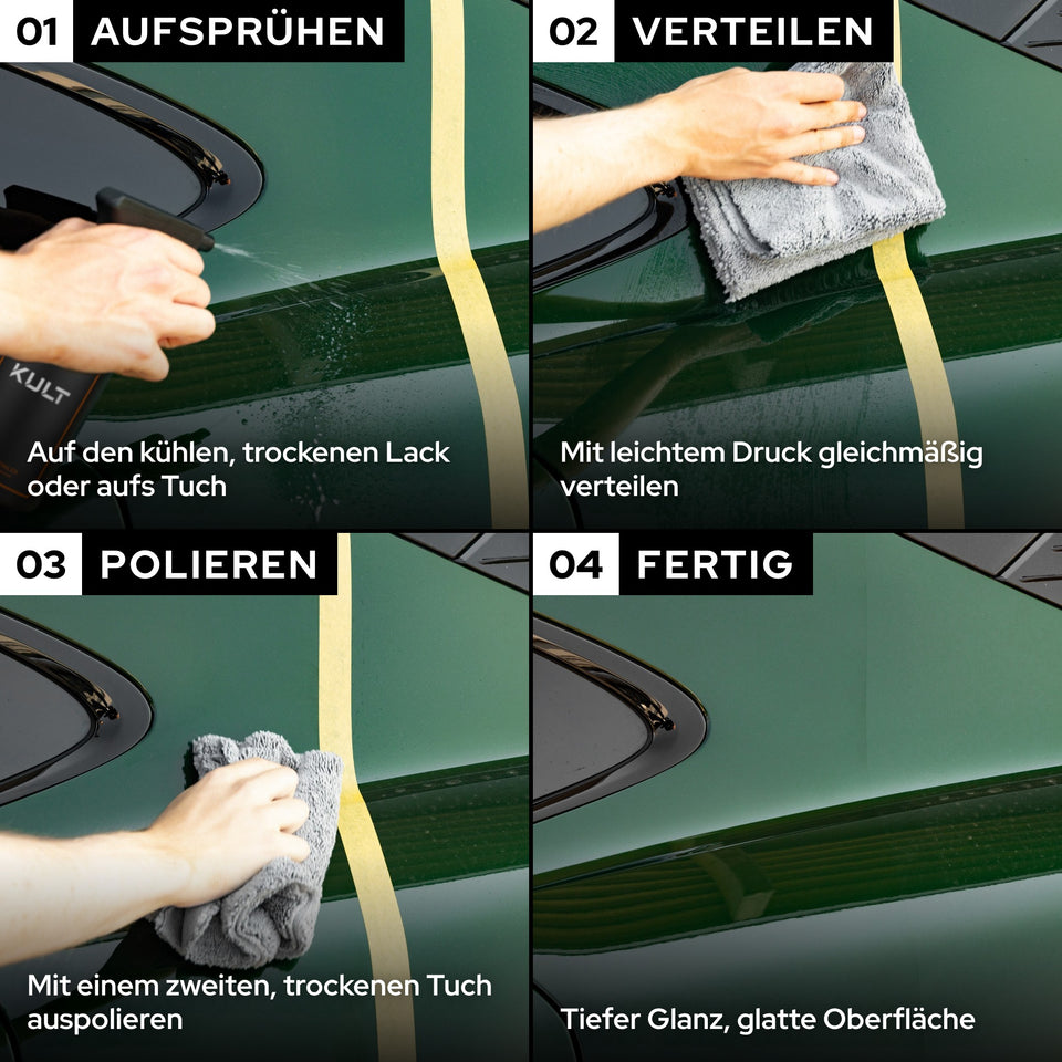 Anwendung in vier Schritten an dunkelgrünem Lack: aufsprühen, verteilen, polieren, fertig
