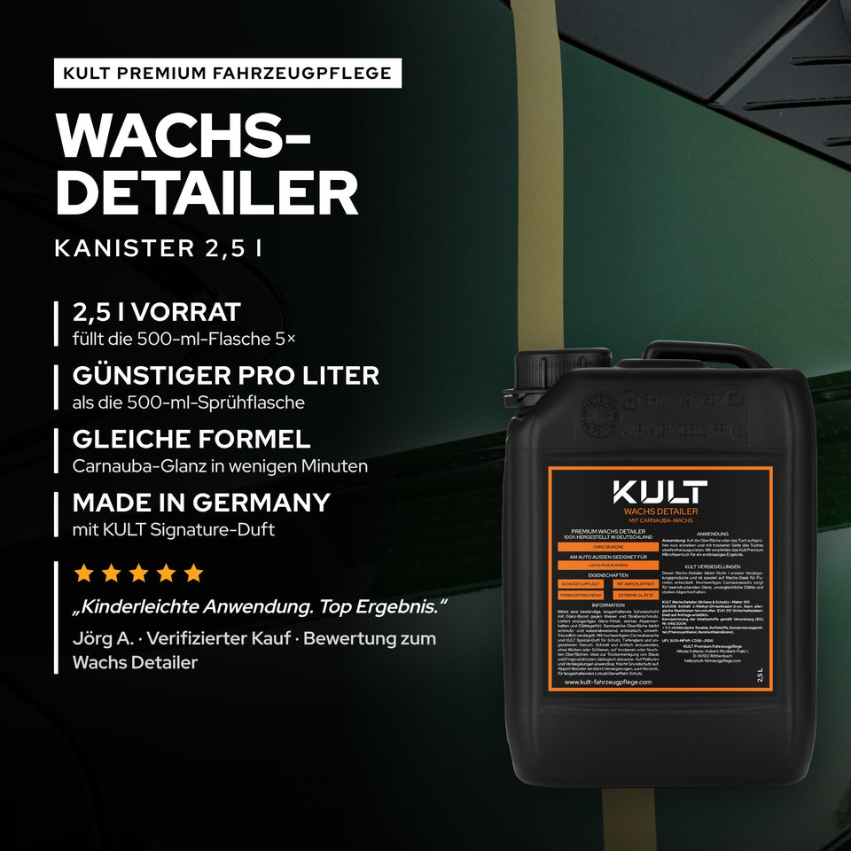 KULT Wachs Detailer im 2,5-l-Kanister vor dunkelgrünem Lack: Vorrat füllt die Sprühflasche fünfmal, pro Liter günstiger als die Flasche