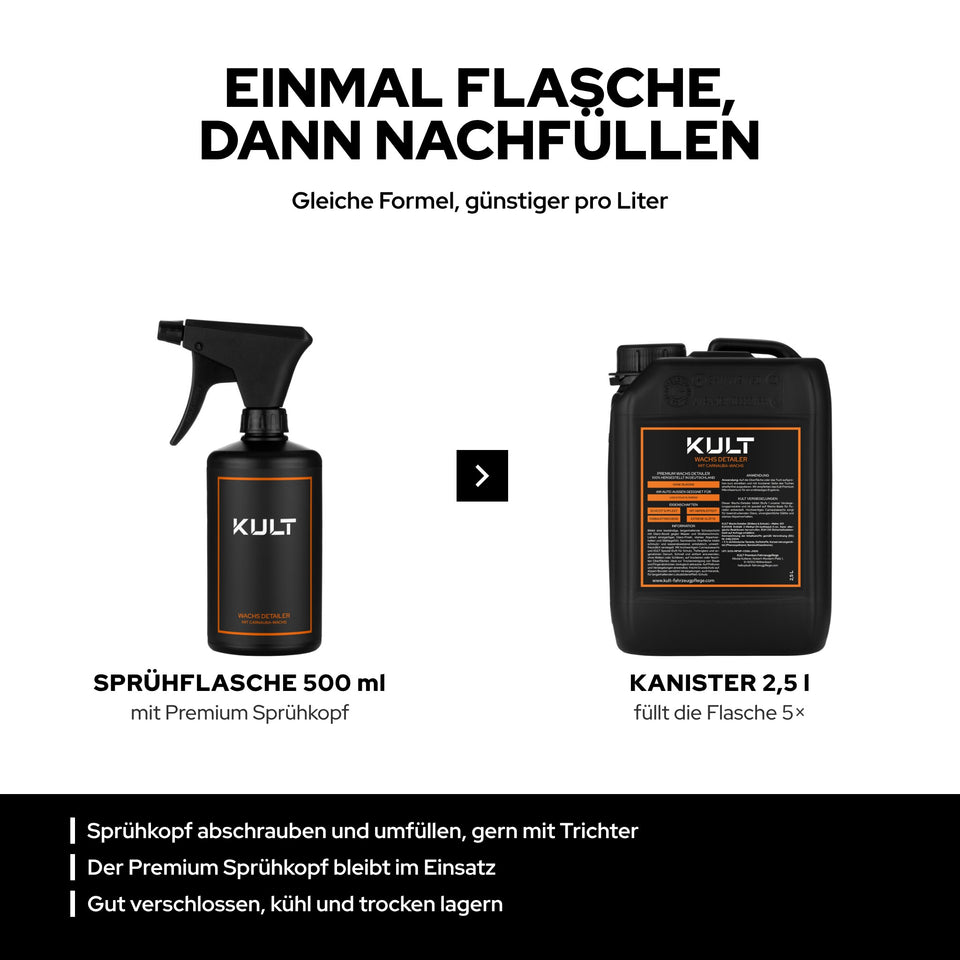 Einmal Flasche, dann nachfüllen: Sprühflasche mit Premium Sprühkopf und 2,5-l-Kanister, Sprühkopf abschrauben, umfüllen und wieder aufschrauben