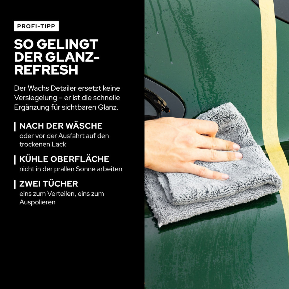 Grafik: Profi-Tipp zum Glanz-Refresh mit dem KULT Wachs Detailer nach der Wäsche, mit zwei Mikrofasertüchern