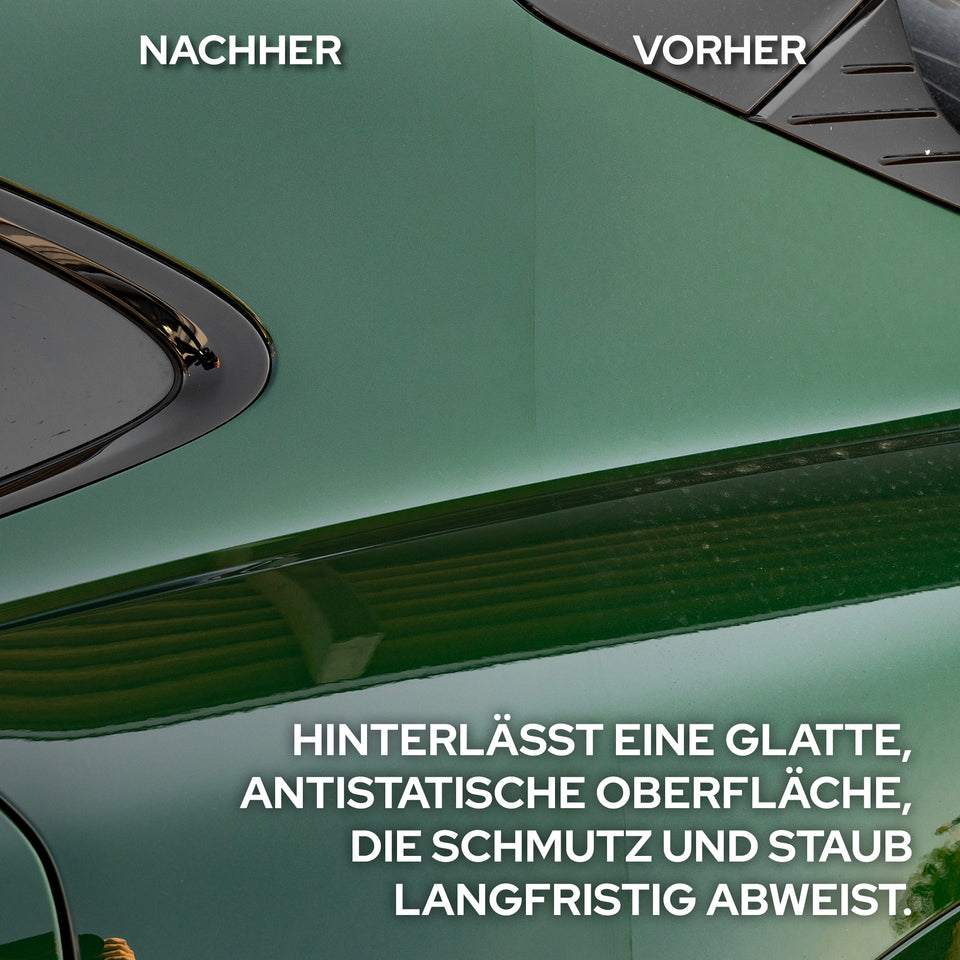 Dunkelgrüner Lack in der Nahaufnahme mit den Beschriftungen Nachher und Vorher und einem Text zur glatten, antistatischen Oberfläche
