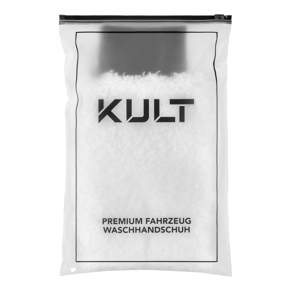KULT Premium Fahrzeug Waschhandschuh im transparenten, wiederverwendbaren KULT-Beutel
