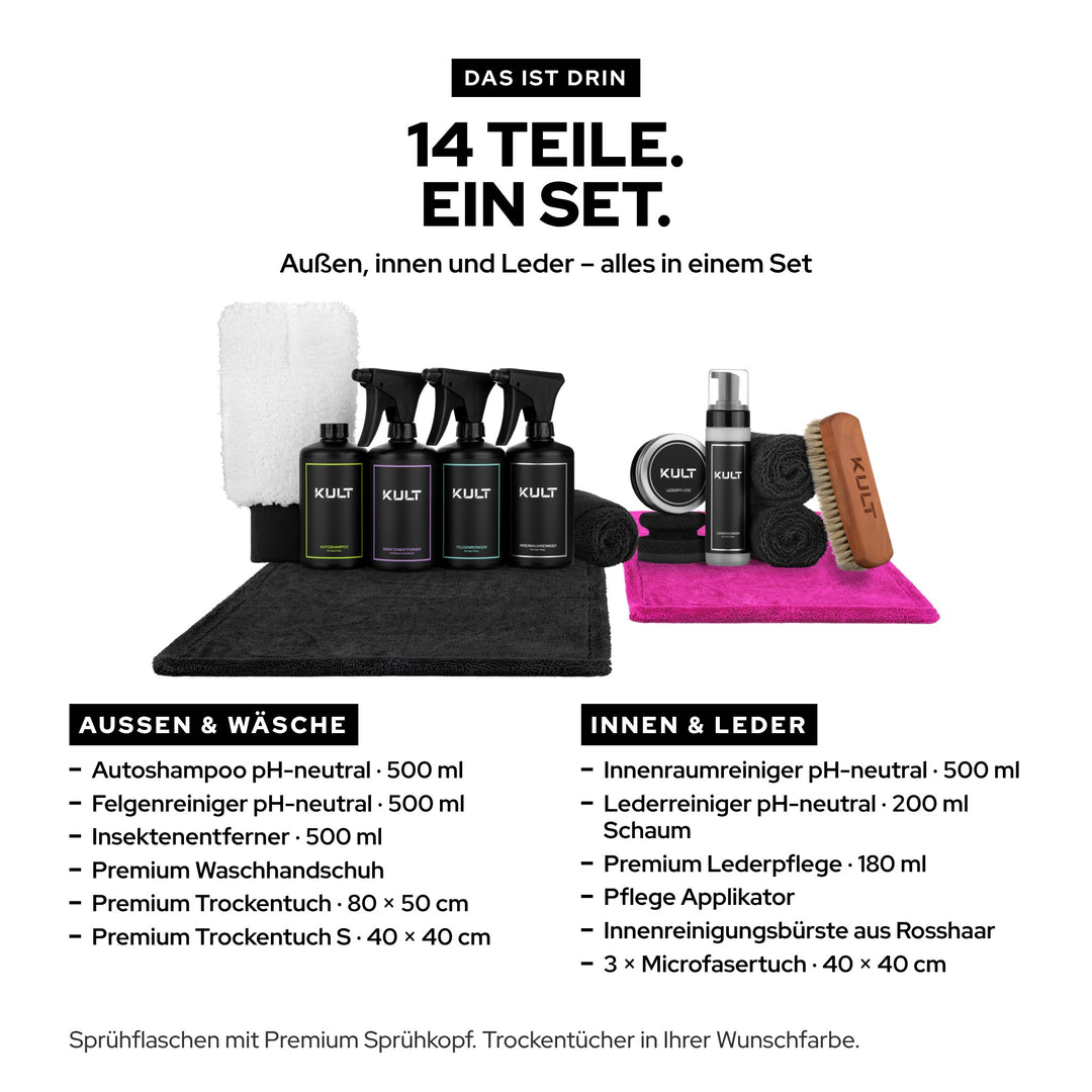 Inhalt KULT All Inclusive Autopflegeset: 14 Teile für Außenwäsche, Innenraum und Lederpflege
