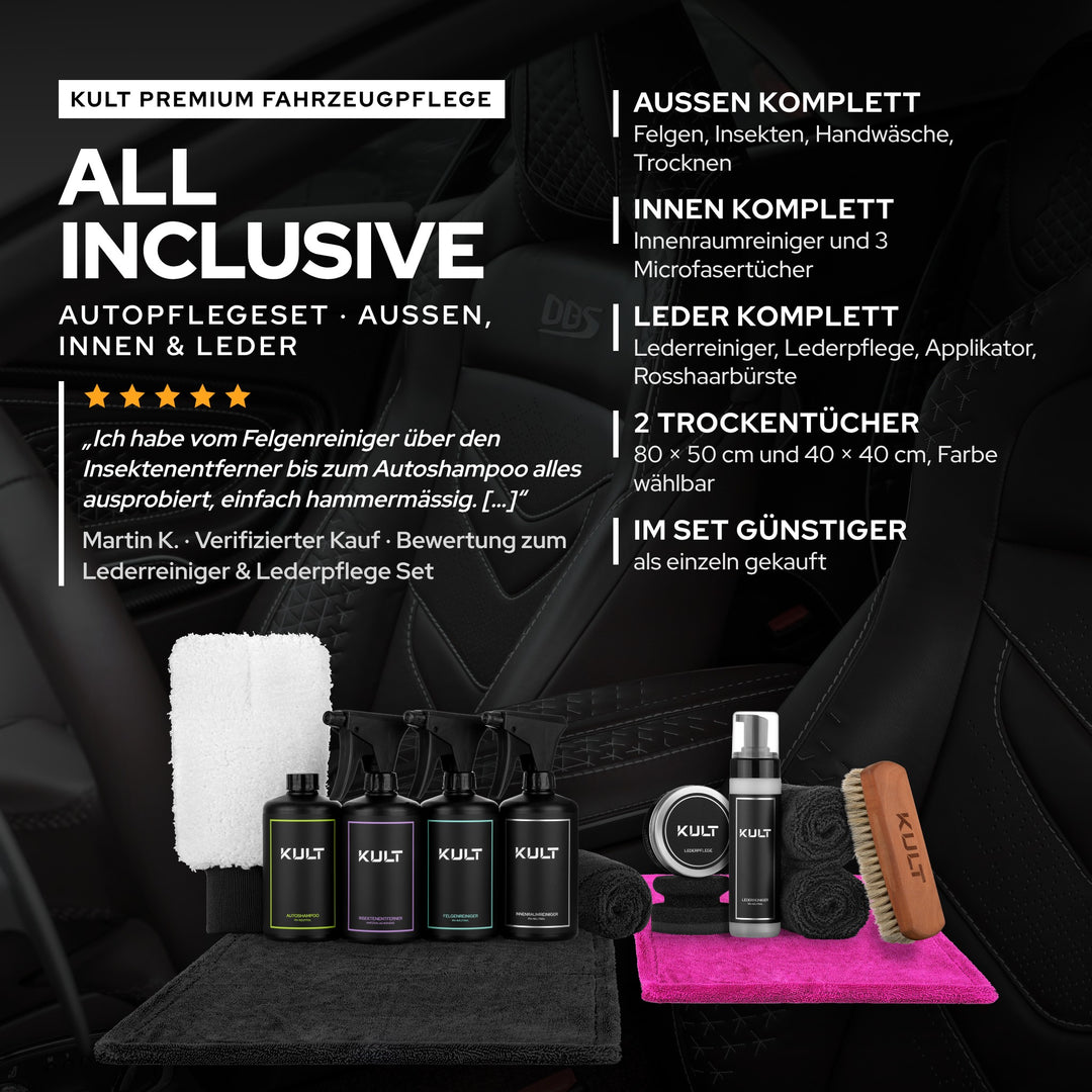 KULT All Inclusive Autopflegeset für außen, innen und Leder mit zwei Trockentüchern, im Set günstiger als einzeln