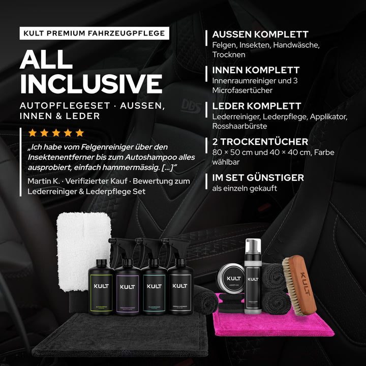 KULT All Inclusive Autopflegeset für außen, innen und Leder mit zwei Trockentüchern, im Set günstiger als einzeln