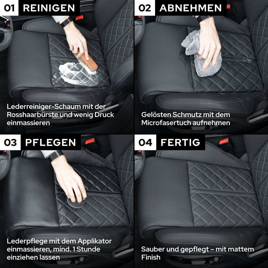 Ledersitz in 4 Schritten: KULT Lederreiniger mit Rosshaarbürste, Microfasertuch, Lederpflege mit Applikator