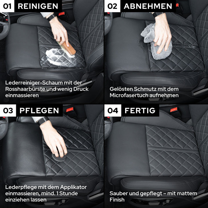 Ledersitz in 4 Schritten: KULT Lederreiniger mit Rosshaarbürste, Microfasertuch, Lederpflege mit Applikator