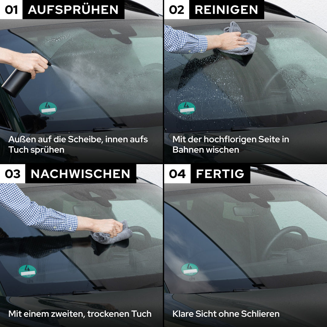 KULT Auto Glasreiniger Anwendung in 4 Schritten: aufsprühen, mit Mikrofasertuch reinigen, nachwischen, fertig