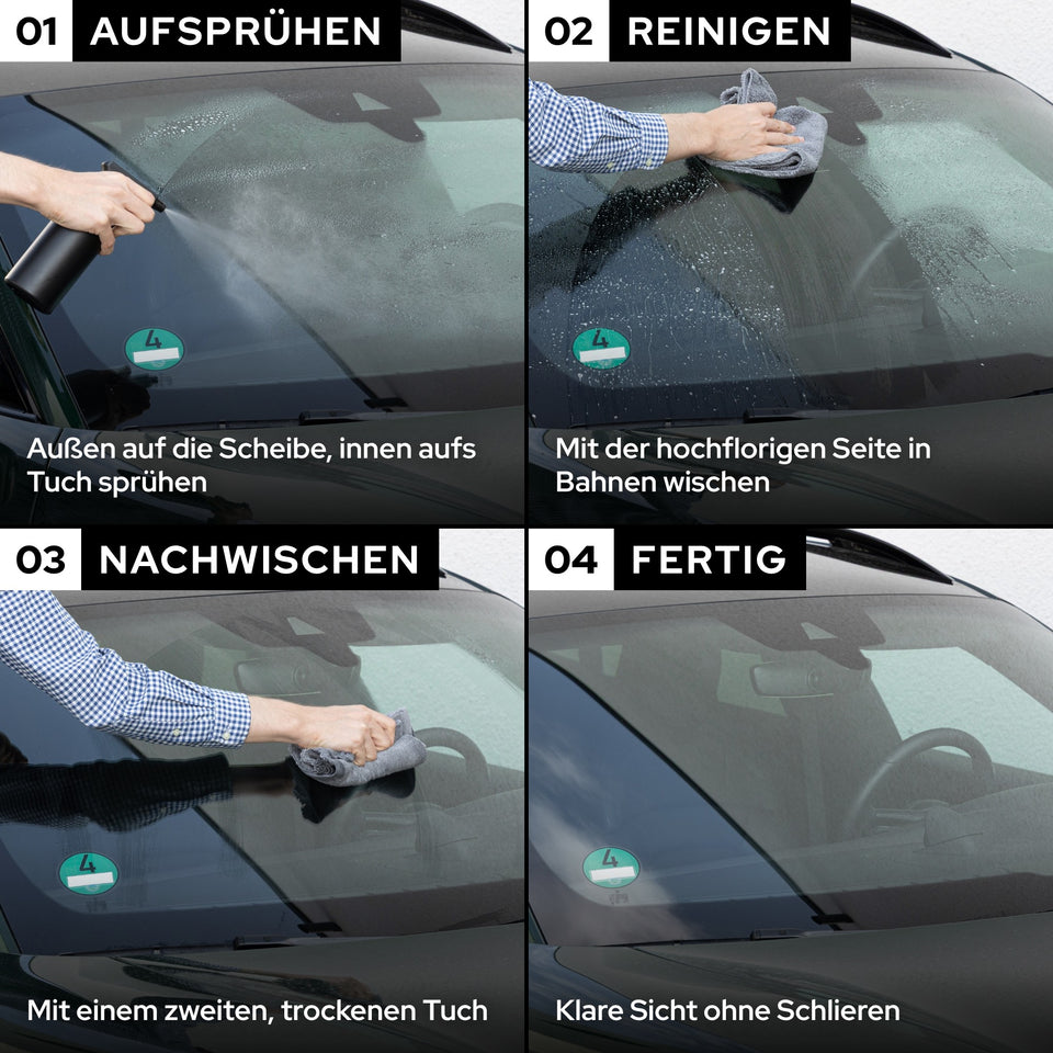 Scheibenreinigung in vier Schritten: aufsprühen, mit der hochflorigen Seite reinigen, mit einem zweiten trockenen Tuch nachwischen, klare Sicht