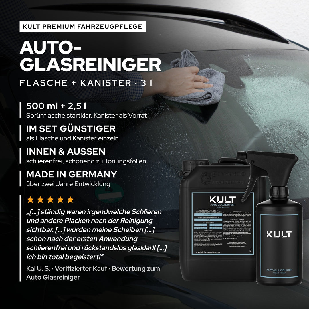 KULT Auto Glasreiniger Set aus 500-ml-Sprühflasche und 2,5-l-Kanister, im Set günstiger, Made in Germany