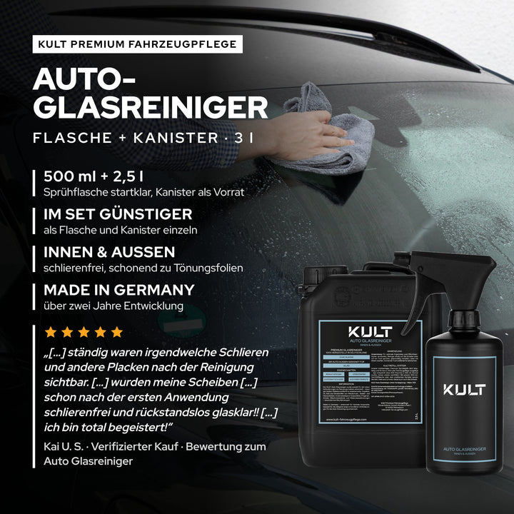 KULT Auto Glasreiniger Set aus 500-ml-Sprühflasche und 2,5-l-Kanister, im Set günstiger, Made in Germany