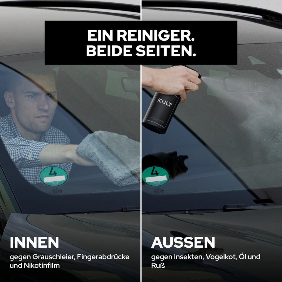 Grafik: ein Reiniger für beide Seiten, links die Scheibe innen gegen Grauschleier, Fingerabdrücke und Nikotinfilm, rechts außen gegen Insekten, Vogelkot, Öl und Ruß