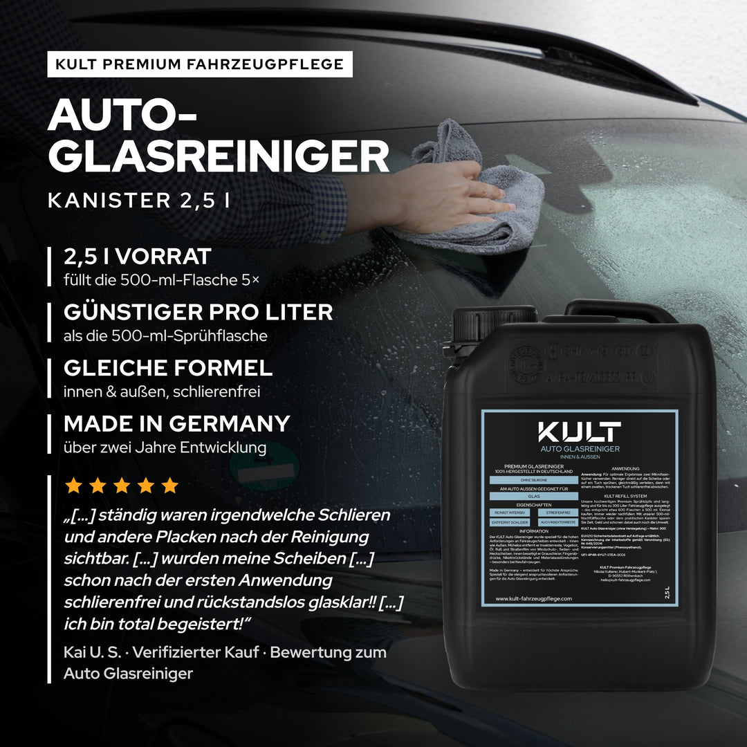 KULT Auto Glasreiniger im 2,5-l-Kanister: füllt die 500-ml-Flasche 5×, günstiger pro Liter, Made in Germany