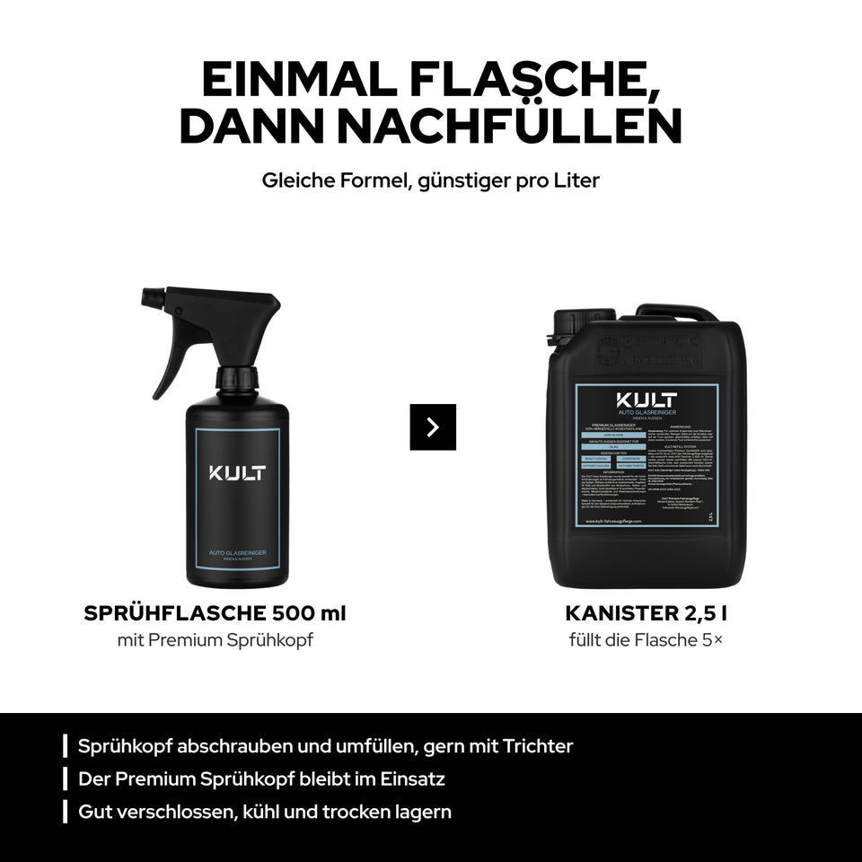 Grafik: 500-ml-Sprühflasche mit Premium Sprühkopf und 2,5-Liter-Kanister zum Nachfüllen