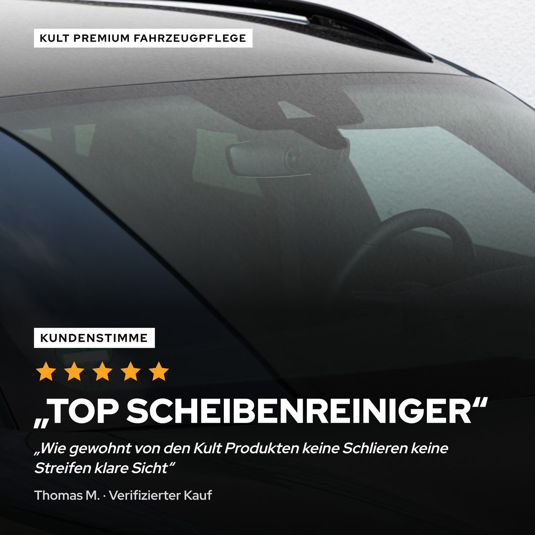 Kundenbewertung zum KULT Auto Glasreiniger: 5 Sterne, „Top Scheibenreiniger“, keine Schlieren, keine Streifen, klare Sicht