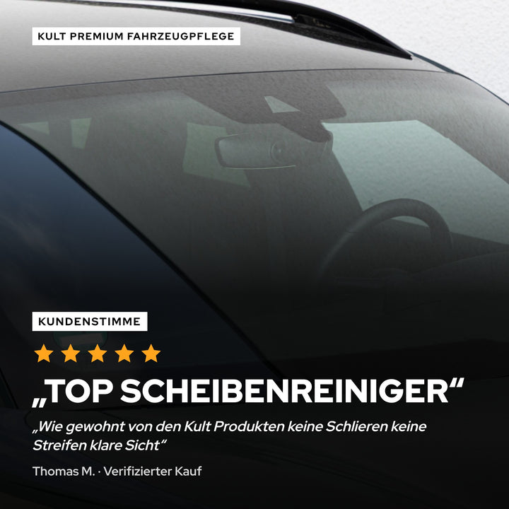 Kundenbewertung zum KULT Auto Glasreiniger: 5 Sterne, „Top Scheibenreiniger“, keine Schlieren, keine Streifen, klare Sicht